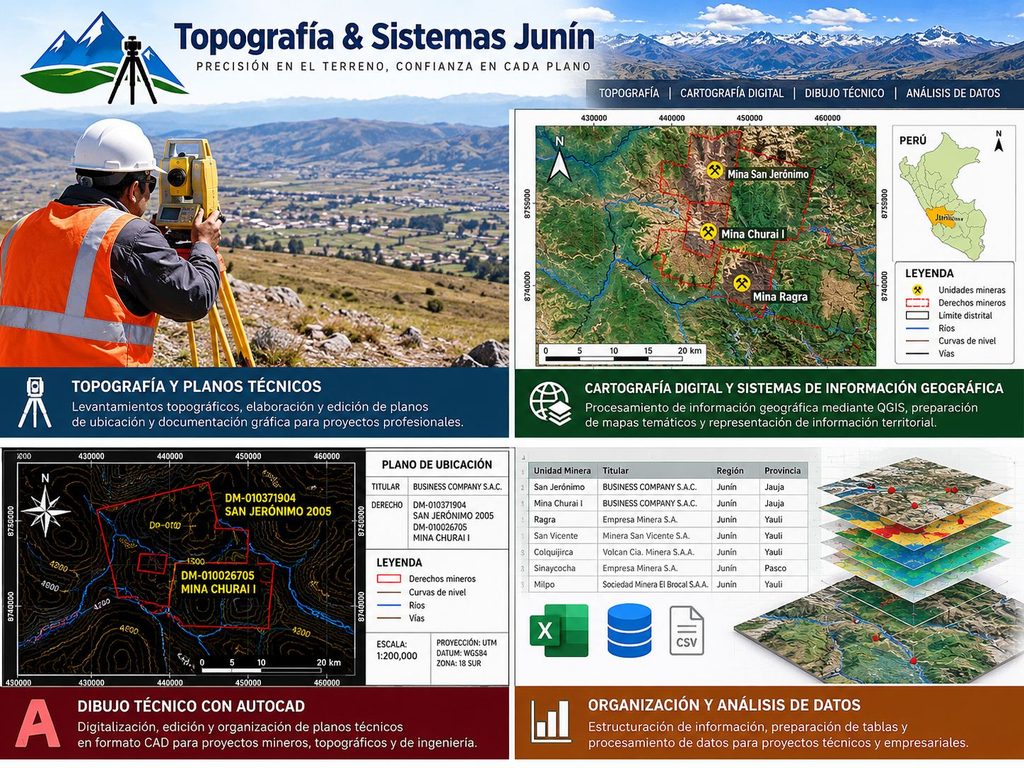 Imagen profesional de Topografía & Sistemas Junín con ejemplos de levantamientos topográficos, cartografía digital con QGIS, planos mineros en AutoCAD y organización de datos técnicos.